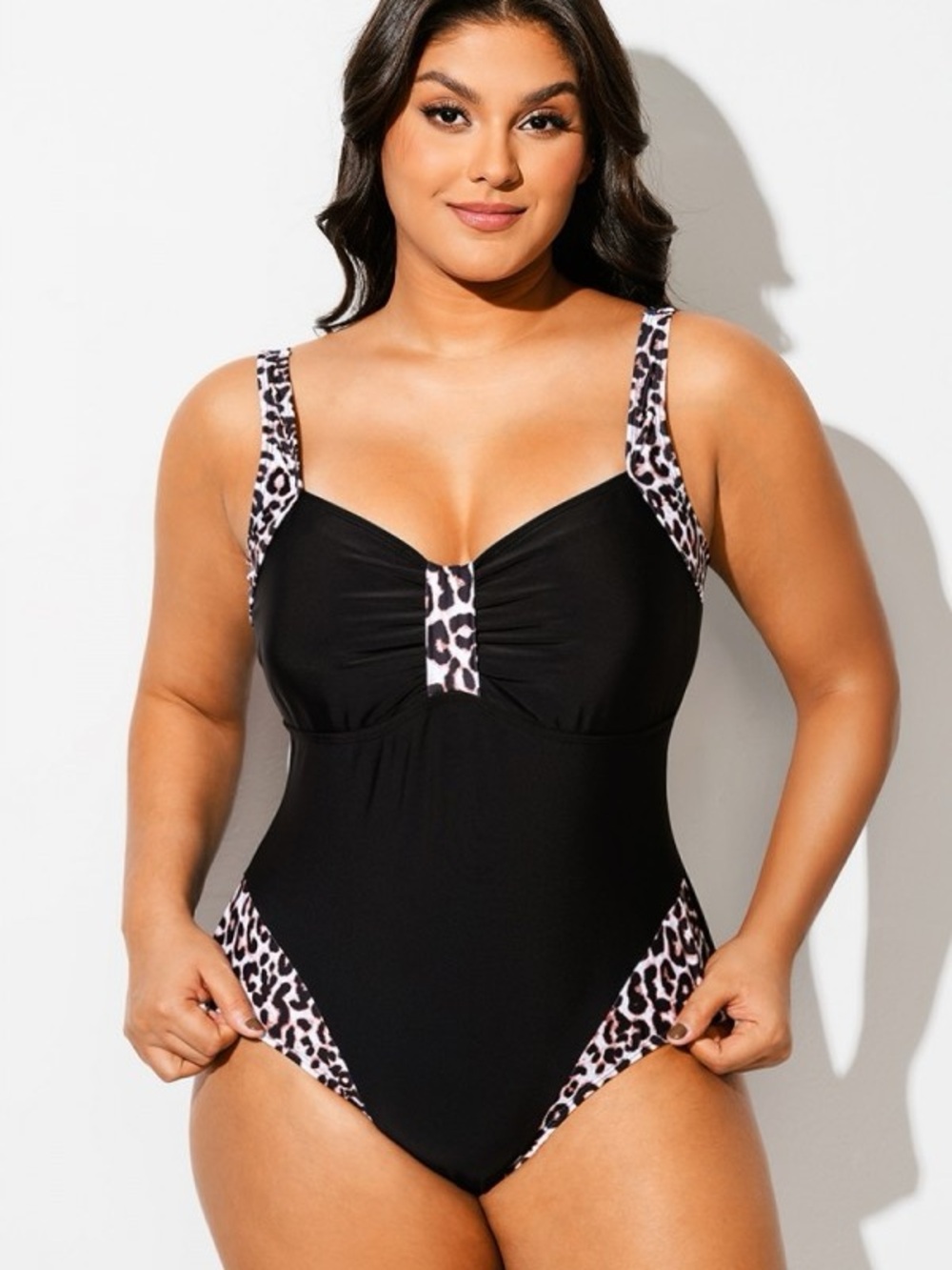 Black One-Piece Swimsuit with Leopard Trim